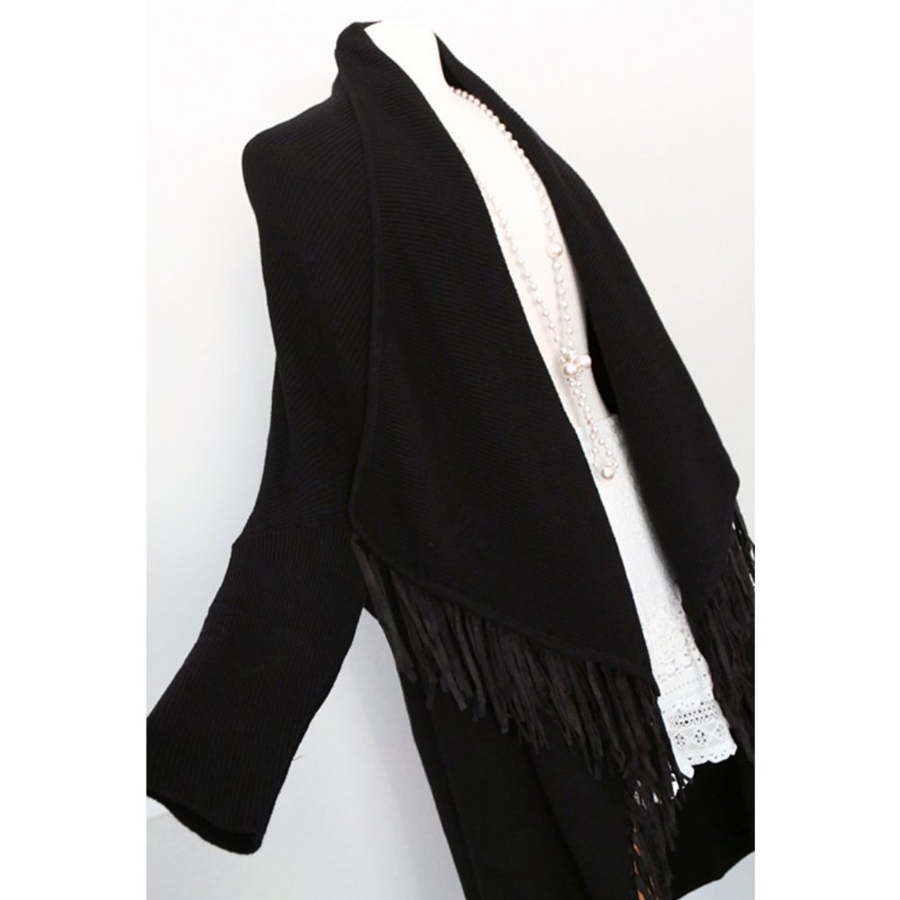 Faux Suede Fringed Waterfall Open Long Cardigan - Picture 4 of 10